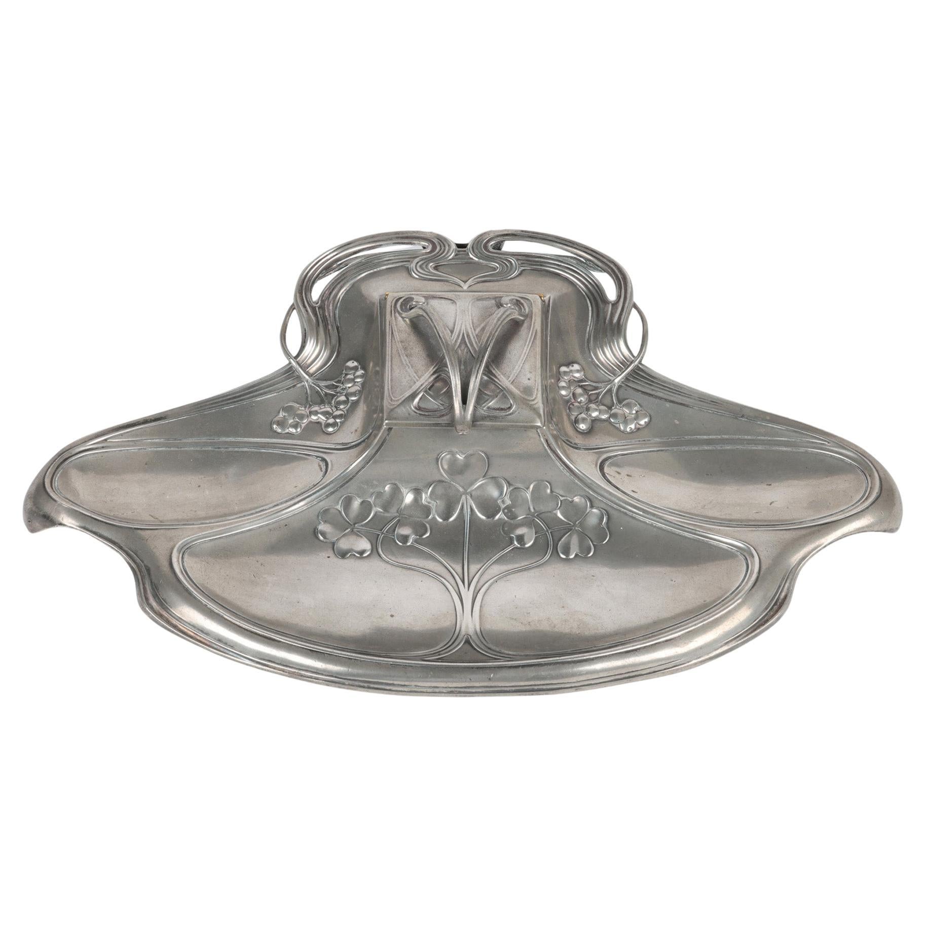 WMF Württembergische Metallwaren Deutscher Jugendstil Zinn Schreibtisch Stand und Tintenfass