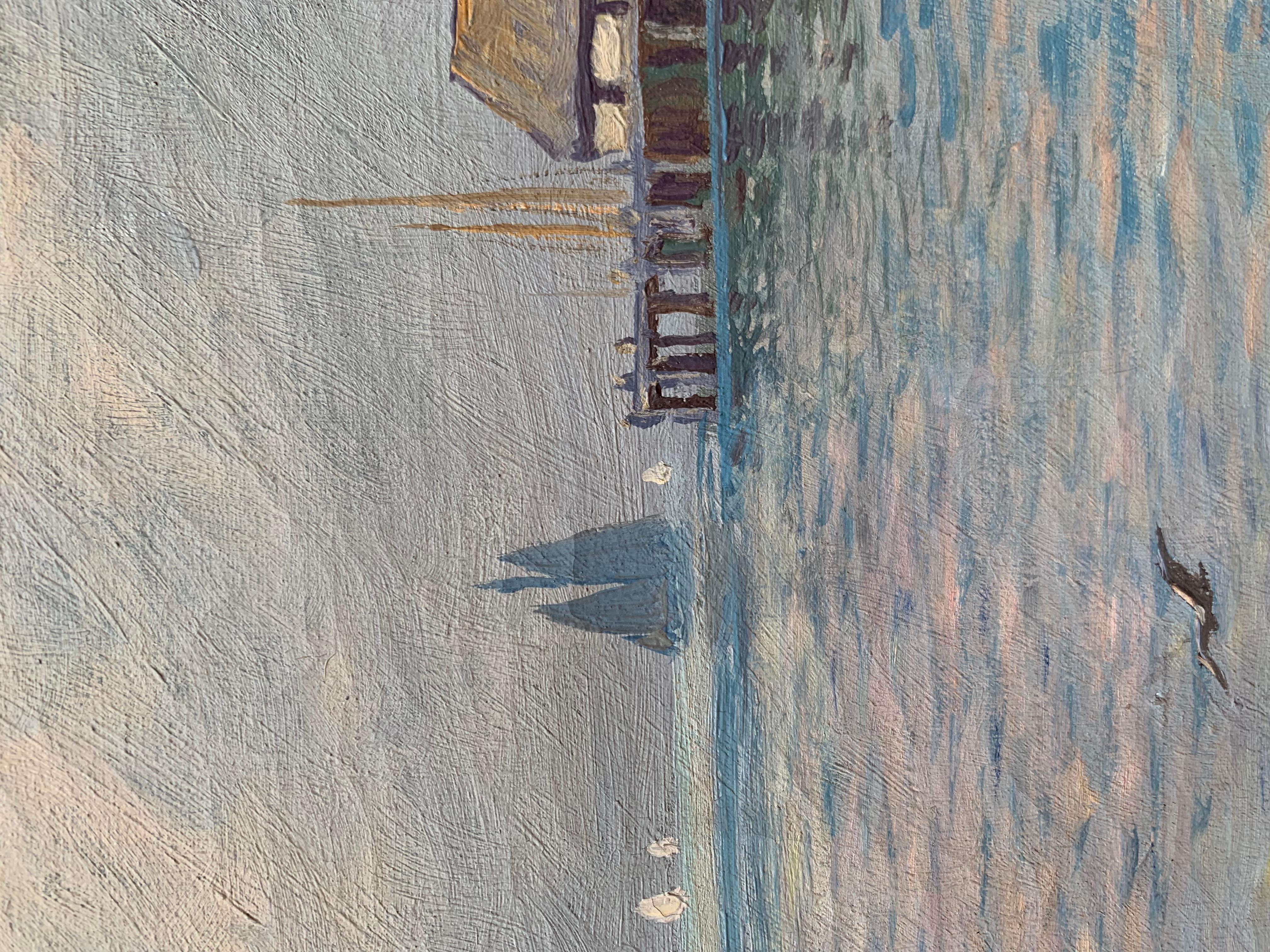 Antico dipinto a olio su tela dei primi del '900 di W.M.Frederico. Paesaggio marino, molo 8