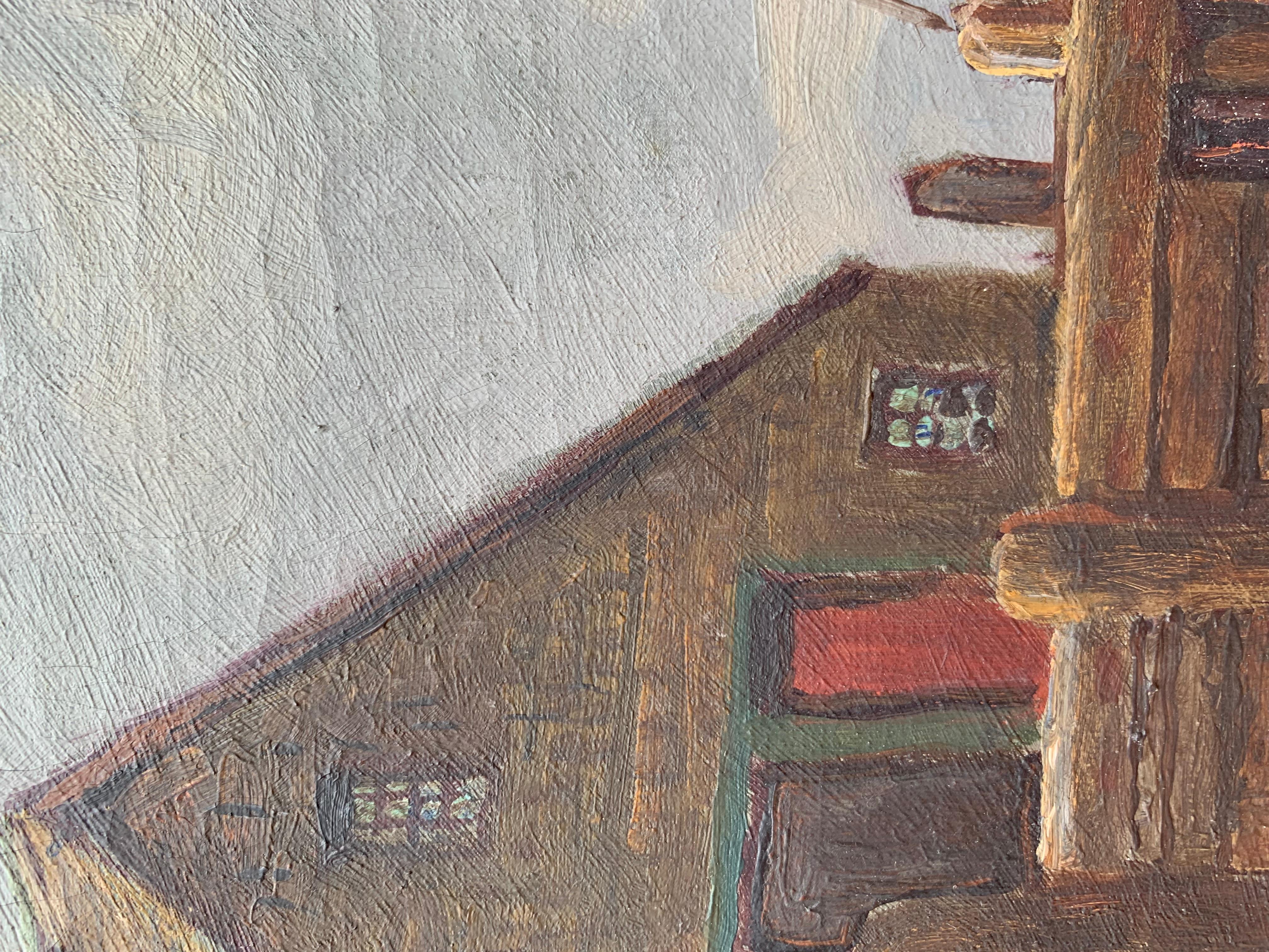 Antico dipinto a olio su tela dei primi del '900 di W.M.Frederico. Paesaggio marino, molo 9