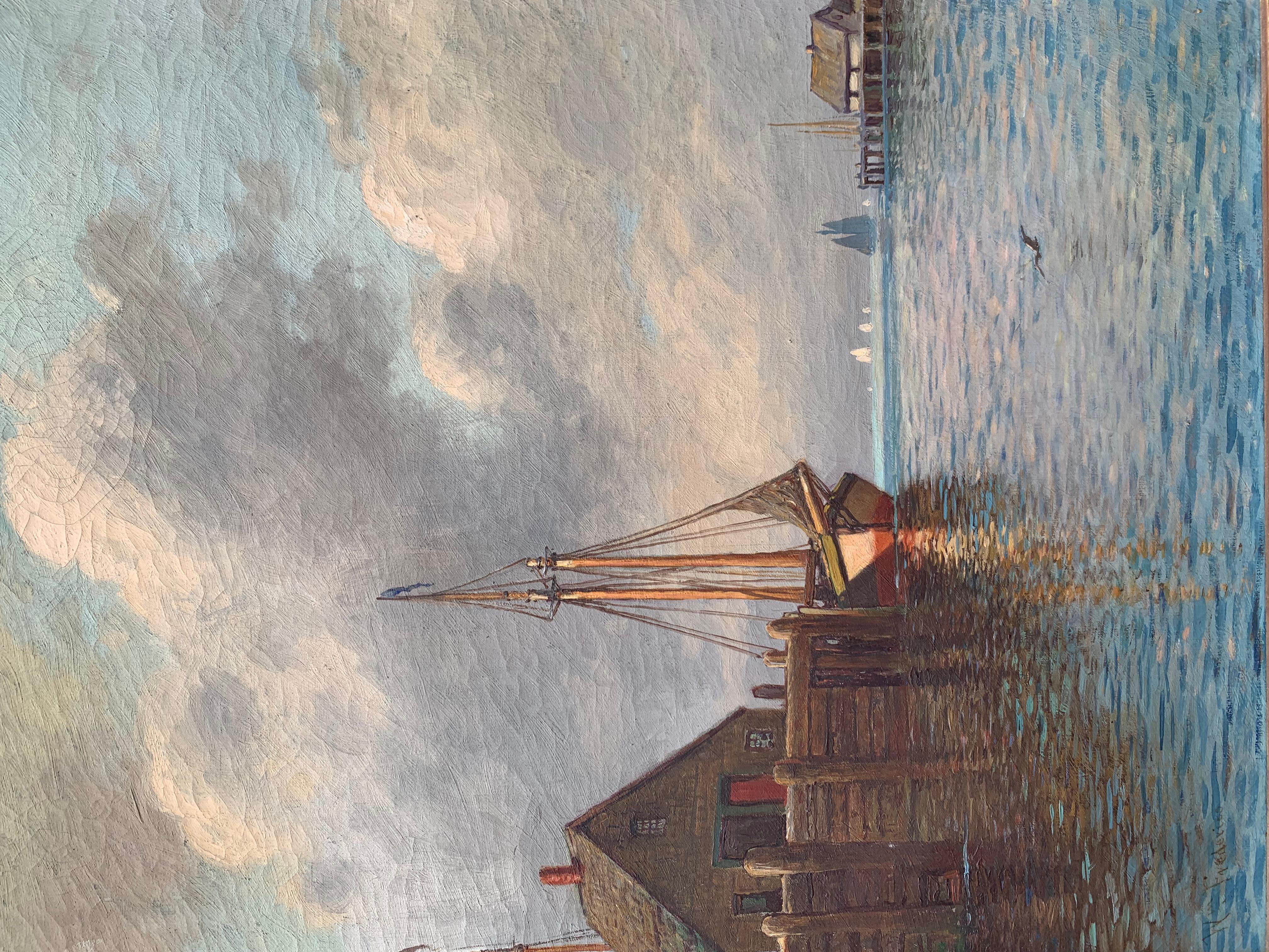 Antico dipinto a olio su tela dei primi del '900 di W.M.Frederico. Paesaggio marino, molo 1
