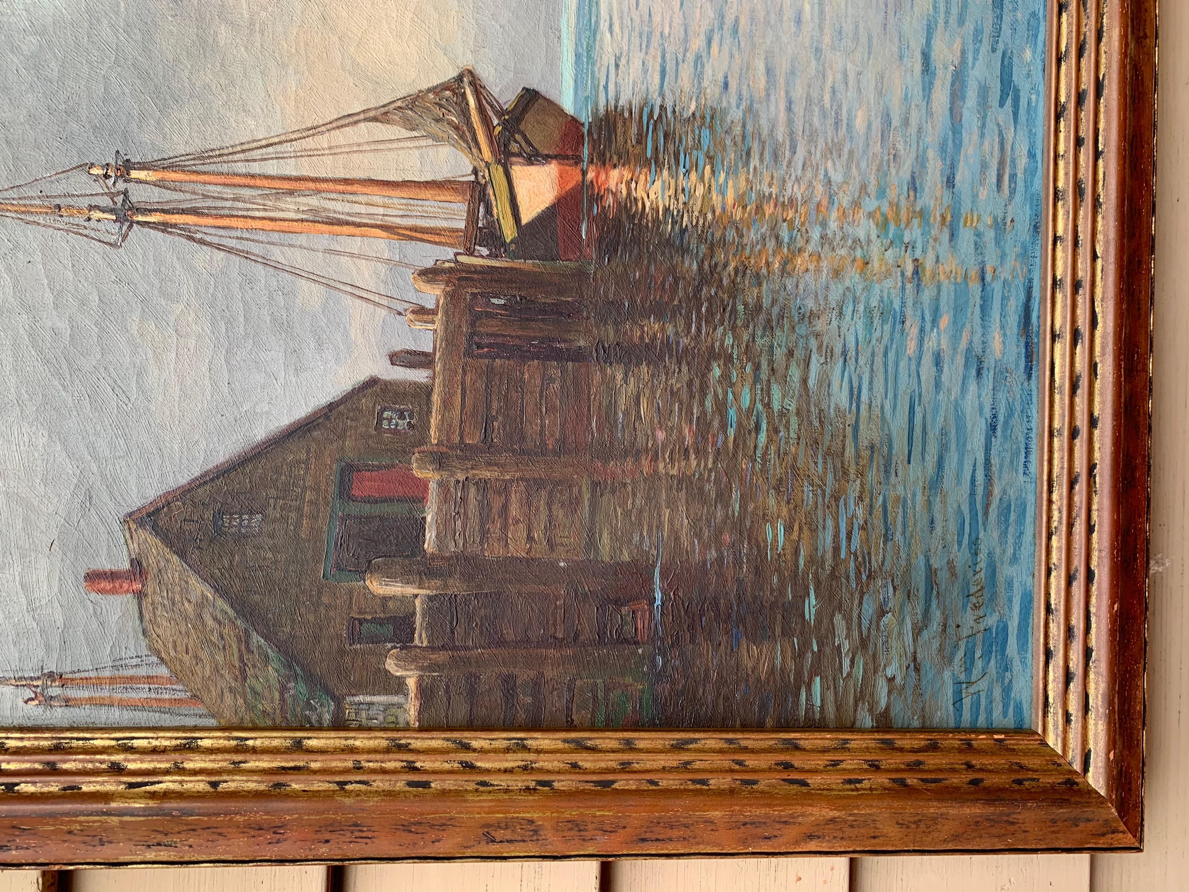 Antico dipinto a olio su tela dei primi del '900 di W.M.Frederico. Paesaggio marino, molo 2