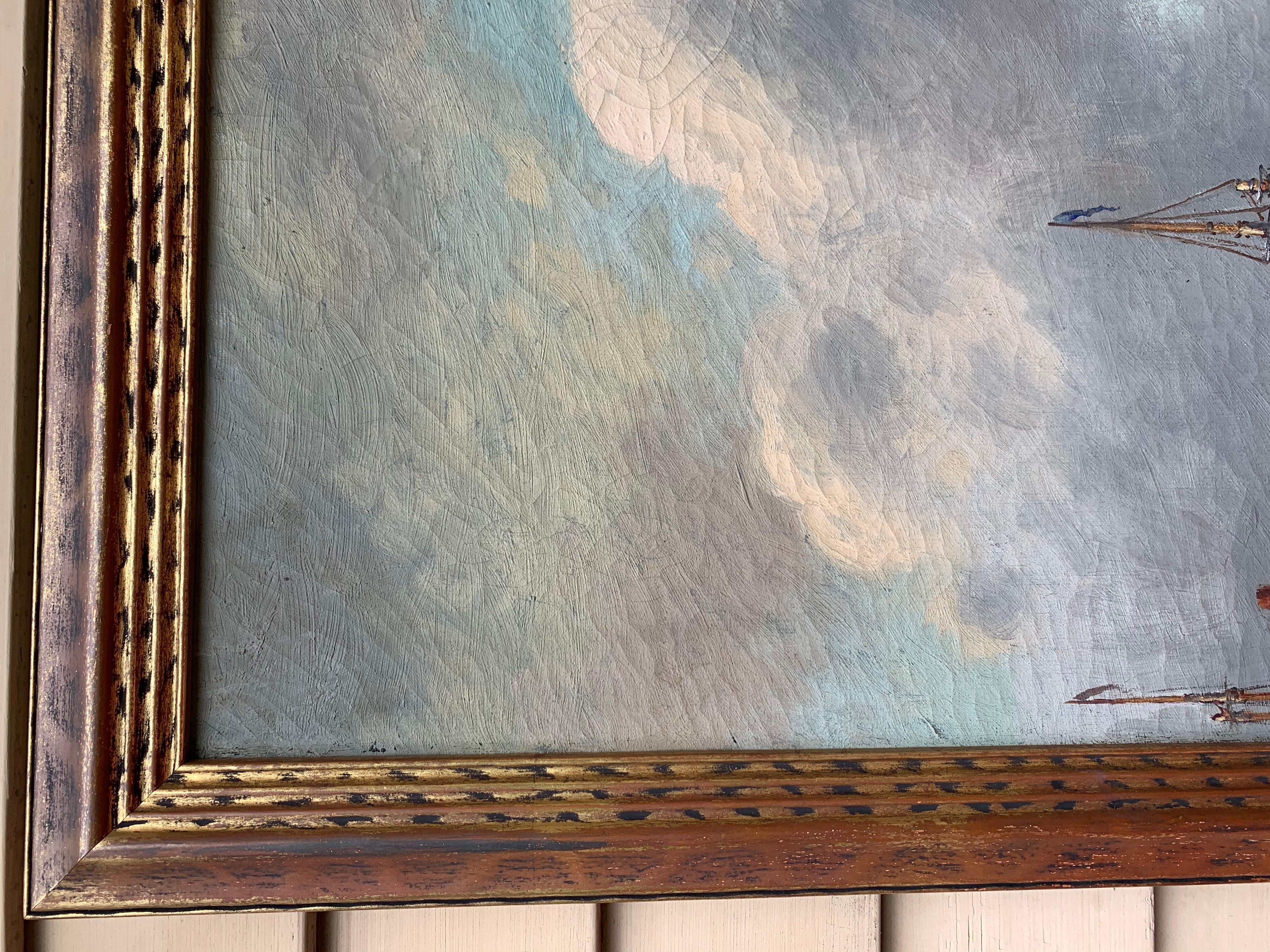 Antico dipinto a olio su tela dei primi del '900 di W.M.Frederico. Paesaggio marino, molo 3
