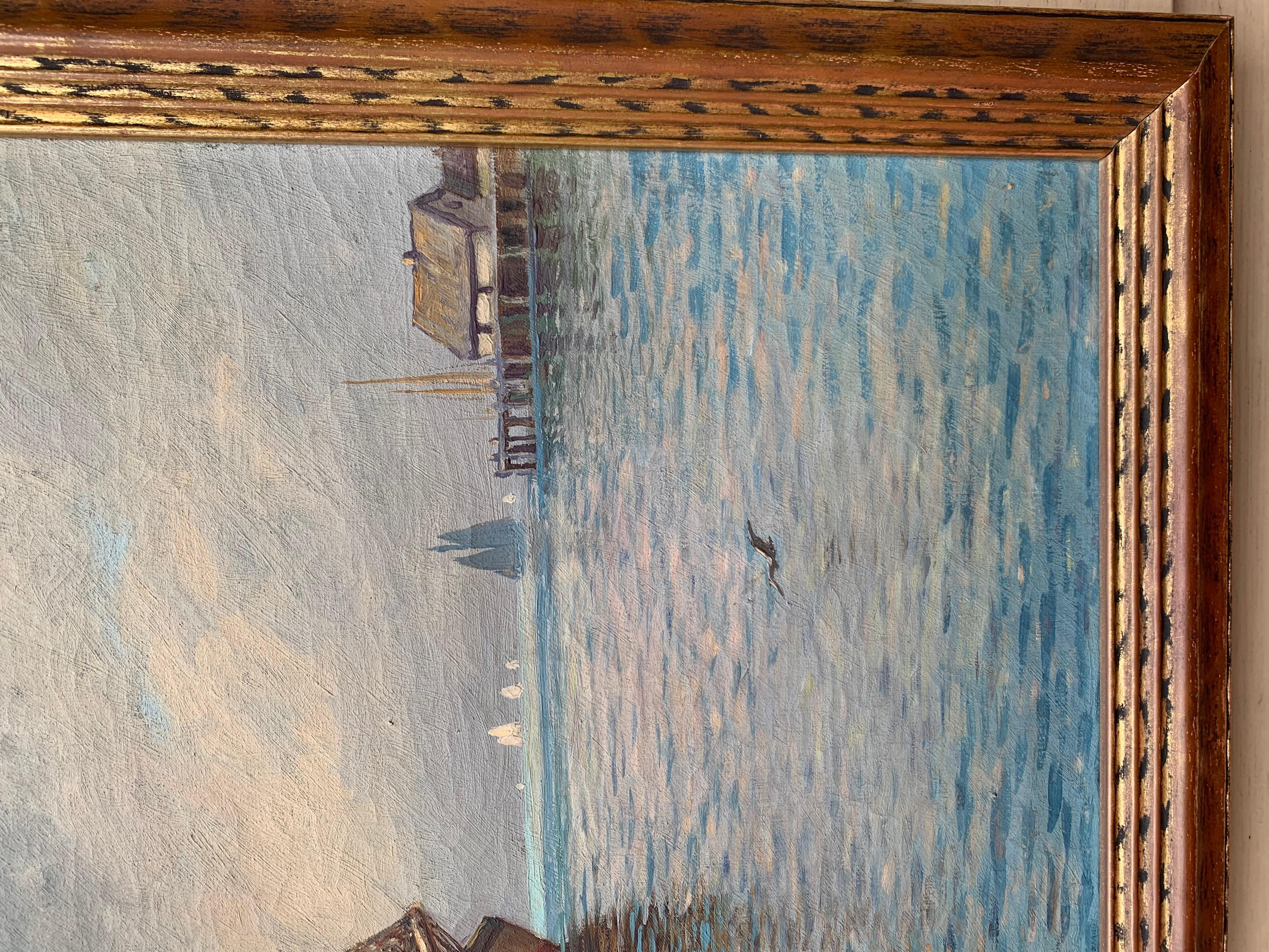 Antico dipinto a olio su tela dei primi del '900 di W.M.Frederico. Paesaggio marino, molo 5