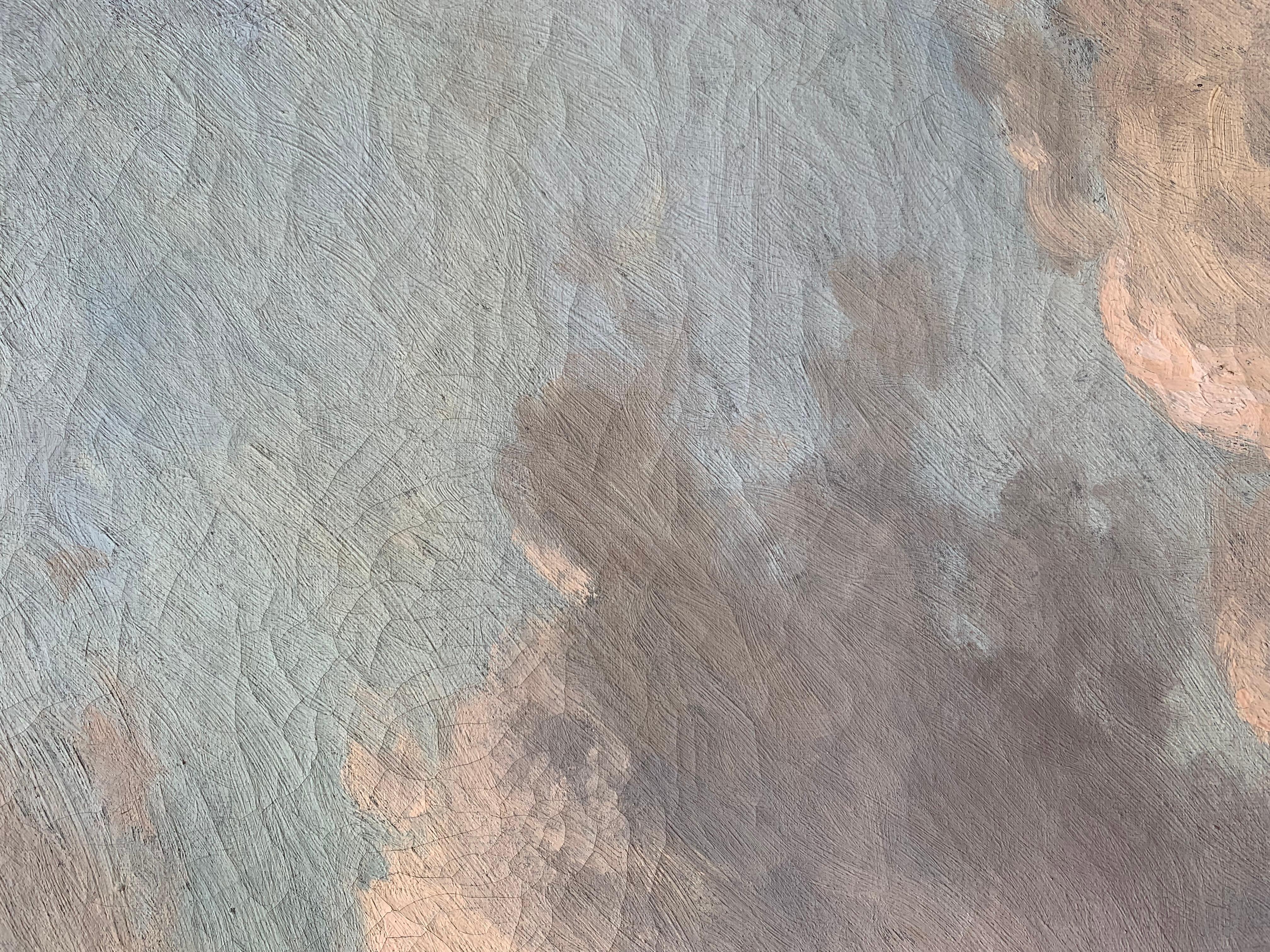 Antico dipinto a olio su tela dei primi del '900 di W.M.Frederico. Paesaggio marino, molo 7