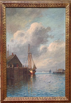 Antico dipinto a olio su tela dei primi del '900 di W.M.Frederico. Paesaggio marino, molo