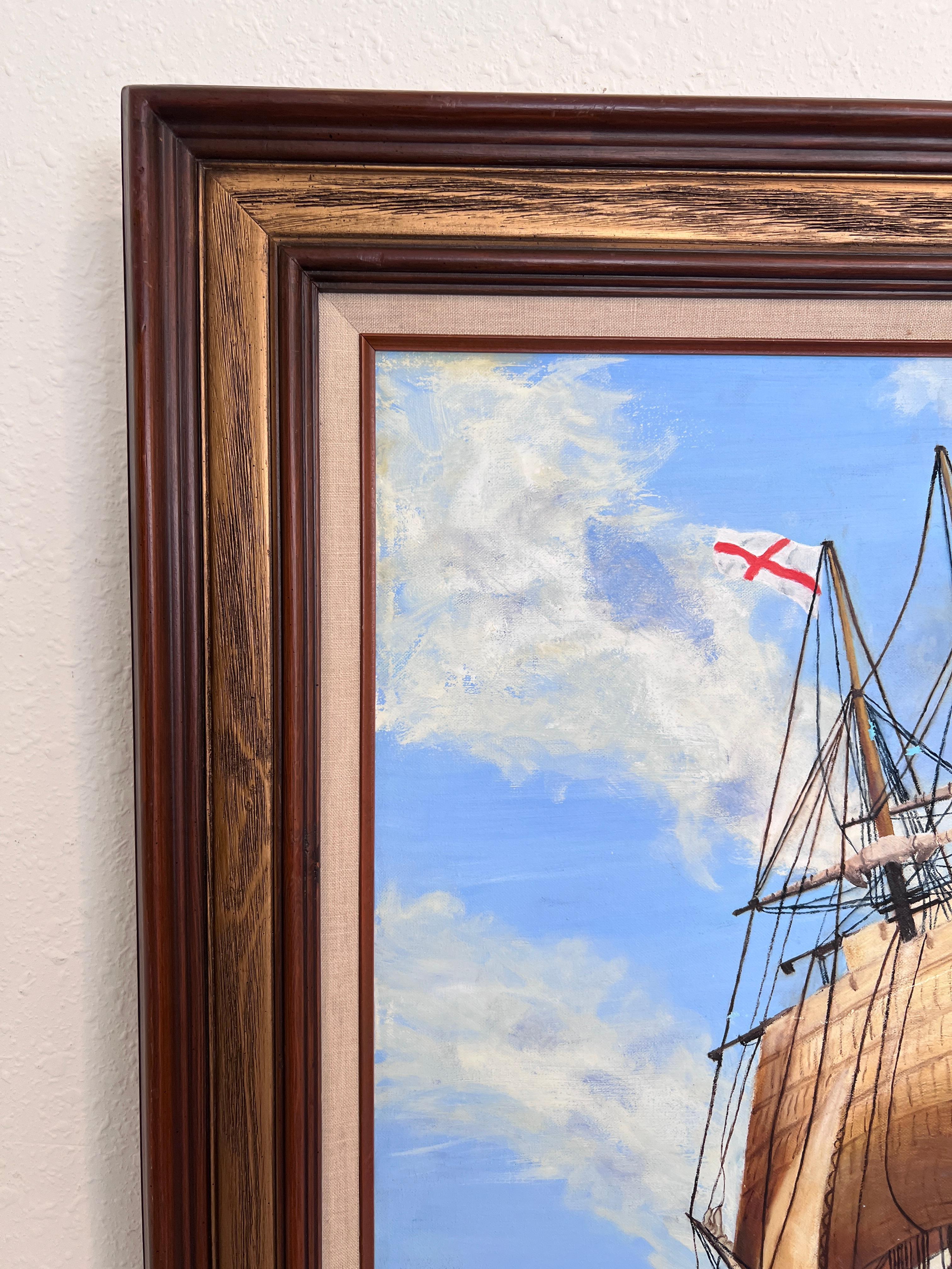 Zum Verkauf steht dieses beeindruckende Original-Acrylgemälde auf Leinwand des maritimen Künstlers W.M. Goodman, mit einem majestätischen großen Schiff, das unter einem dynamischen Himmel durch die Wellen des Ozeans schneidet. Die wogenden Segel und