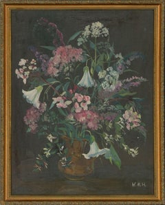 W.M.H. - Contemporary Oil, Delicate Flowers in Brown Vase