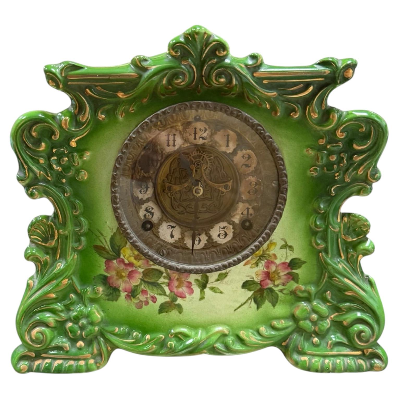 WmL.Gilbert Clock Company Hand Painted Porcelain Mantel Clock