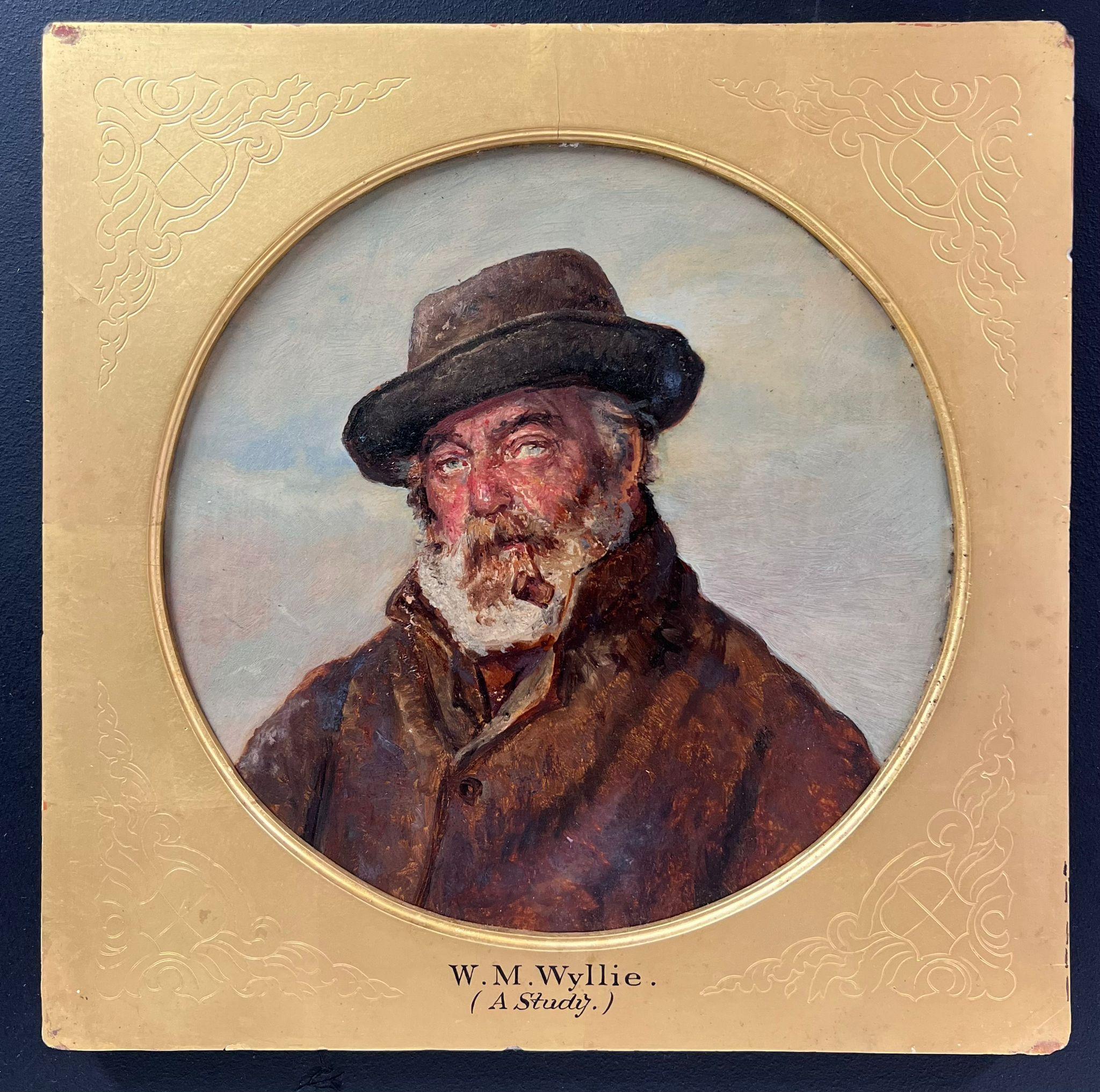 Victorian Oil Portrait Grey Bearded Fisherman Smoking Pipe English Oil Painting - Beige Figurative Painting by W.M.Wyllie