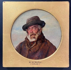 Victorian Oil Portrait Grey Bearded Fisherman Smoking Pipe English Oil Painting