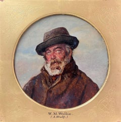 Antique Victorian Oil Portrait Grey Bearded Fisherman Smoking Pipe English Oil Painting