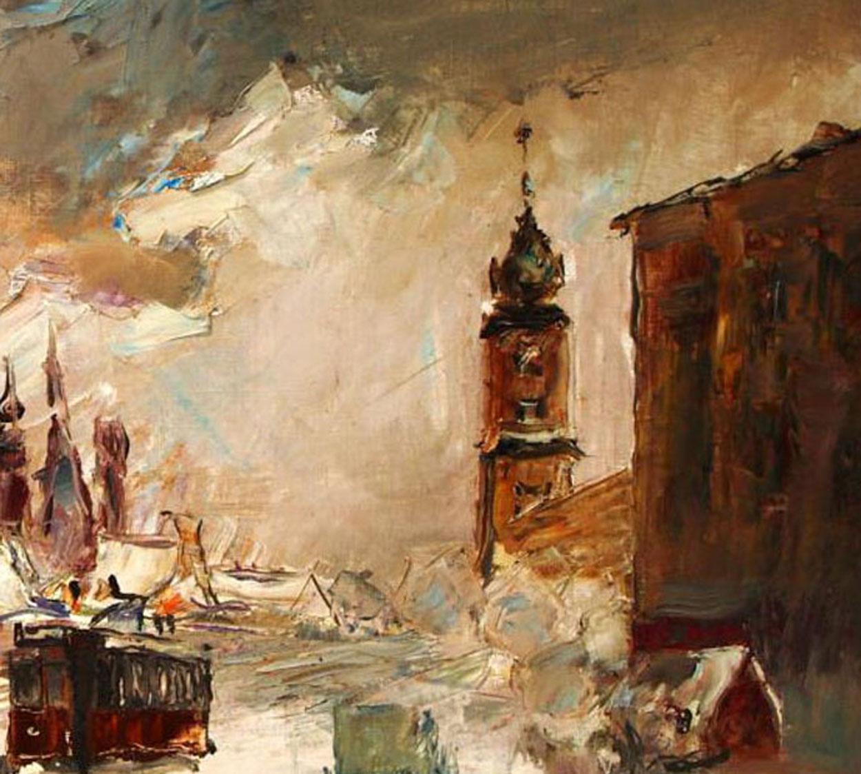 Painted Wociech Kosowski 'Polish' Oil On Canvas City Scene in Winter