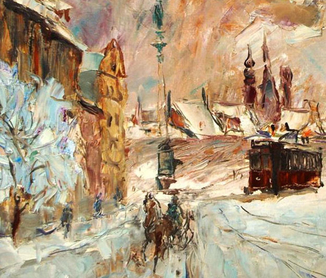 Wociech Kosowski 'Polish' Oil On Canvas City Scene in Winter In Good Condition In Melbourne, Victoria