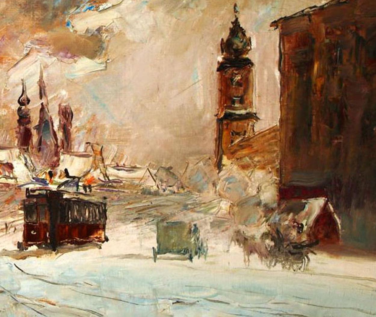 Wociech Kosowski 'Polish' Oil On Canvas City Scene in Winter 1