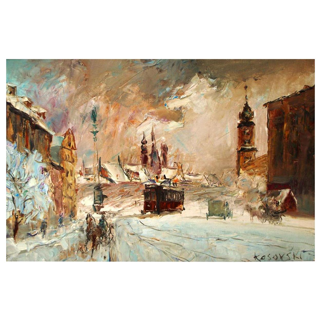 Wociech Kosowski 'Polish' Oil On Canvas City Scene in Winter