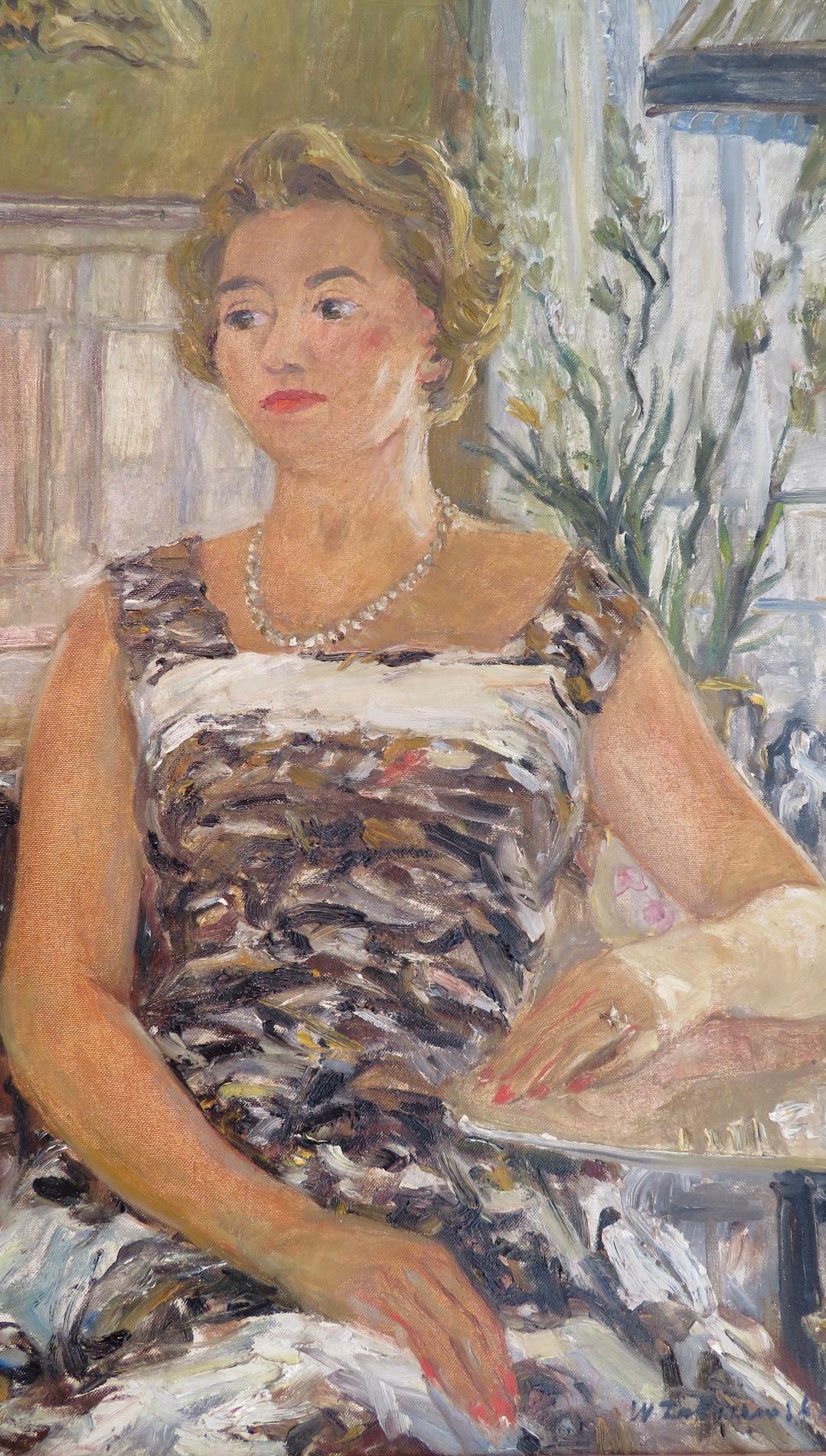 Wlodzimierz Zakrzewski (1916 1992) Polish Oil Painting Mid Century Portrait Lady - Brown Portrait Painting by Włodzimierz Zakrzewski