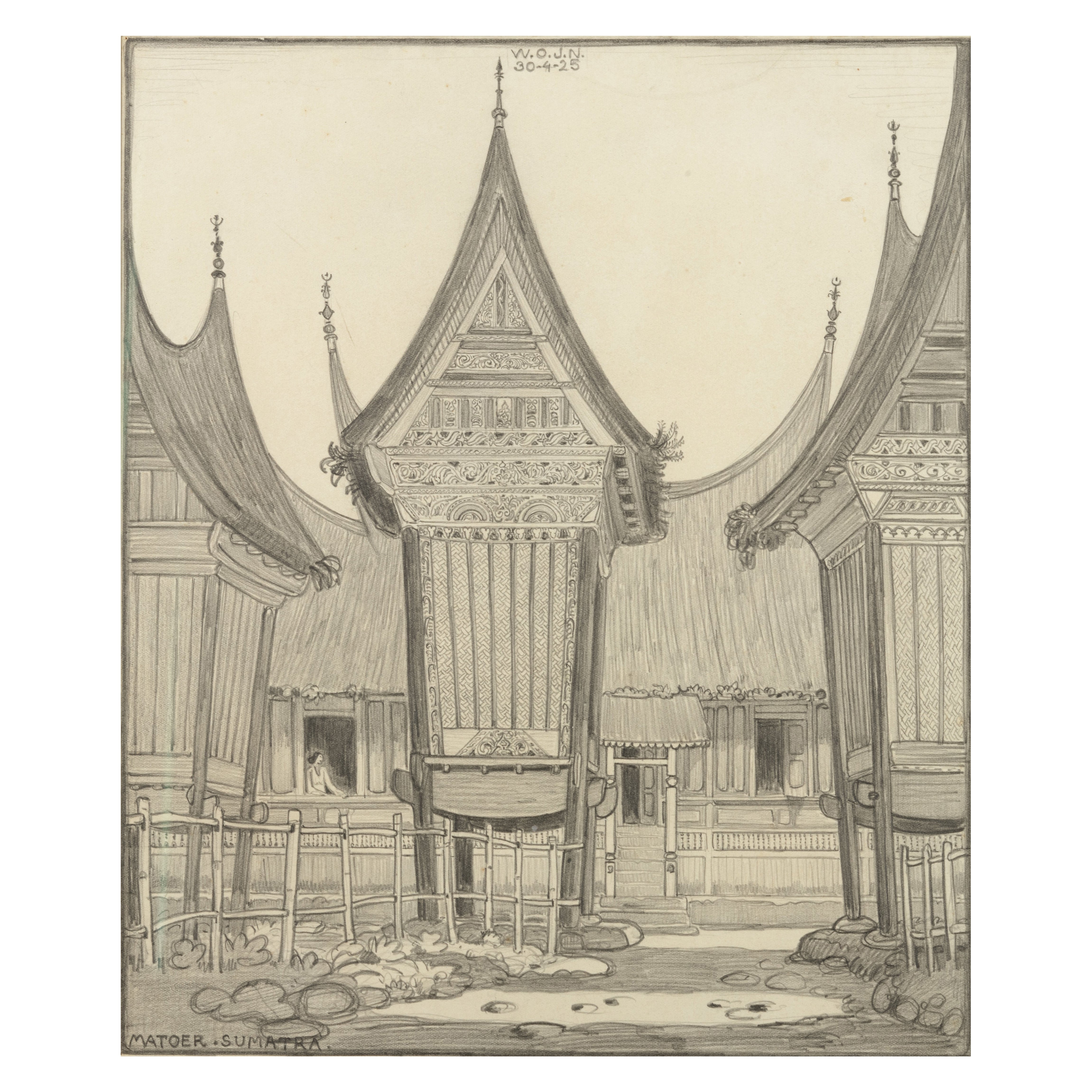 W.O.J. Nieuwenkamp (1874-1950) 'Houses in Matoer, Sumatra, 1925' For Sale