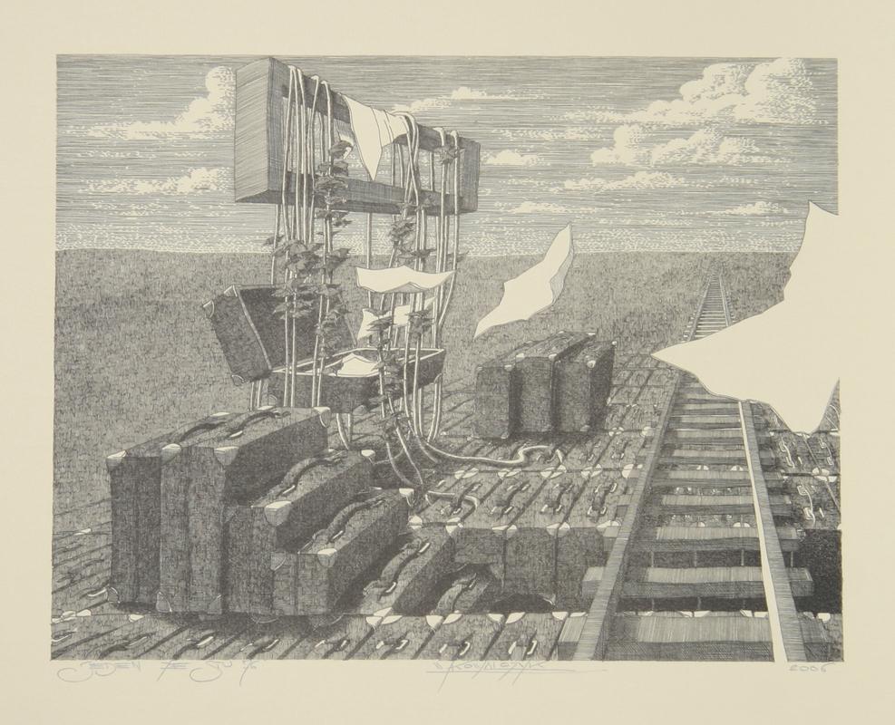 Traveling
Wojtek Kowalczyk, Polish (1960)
Date: 2005
Lithograph, signed in pencil
Size: 13.5 in. x 19.5 in. (34.29 cm x 49.53 cm)