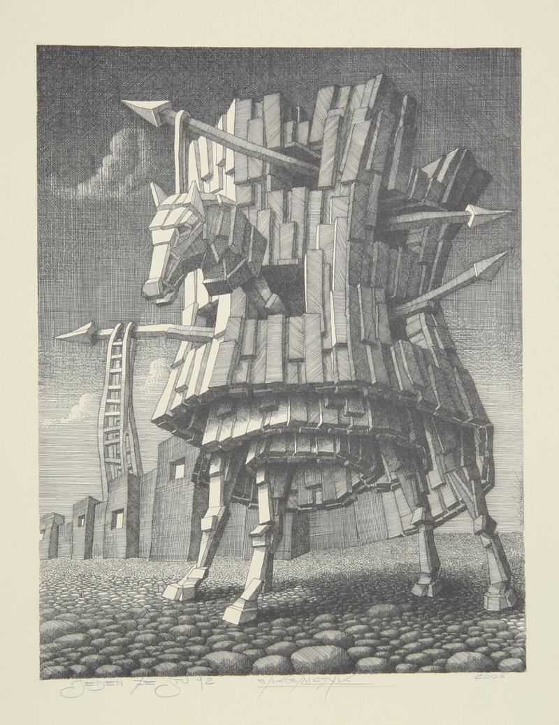 Trojan Horse
Wojtek Kowalczyk, Polish (1960)
Date: 2005
Lithograph, signed in pencil
Size: 19.5 in. x 13.5 in. (49.53 cm x 34.29 cm)