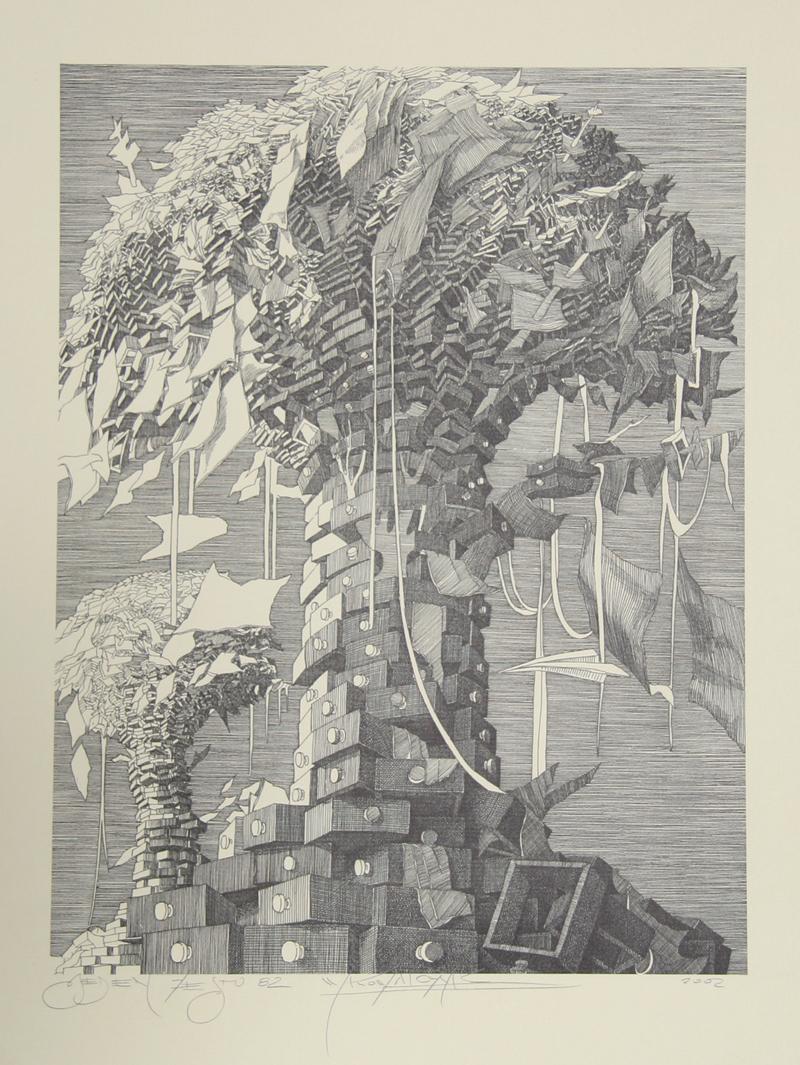 Ohne Titel – Papierbaum, surrealistische Lithographie von Wojtek Kowalczyk