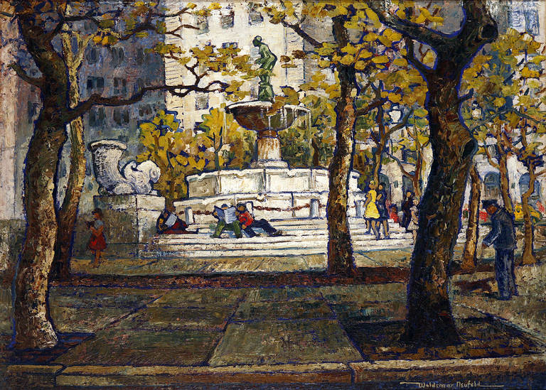 Woldemar Neufeld Landscape Painting - Iconic Fountain at the New York Plaza Hotel 