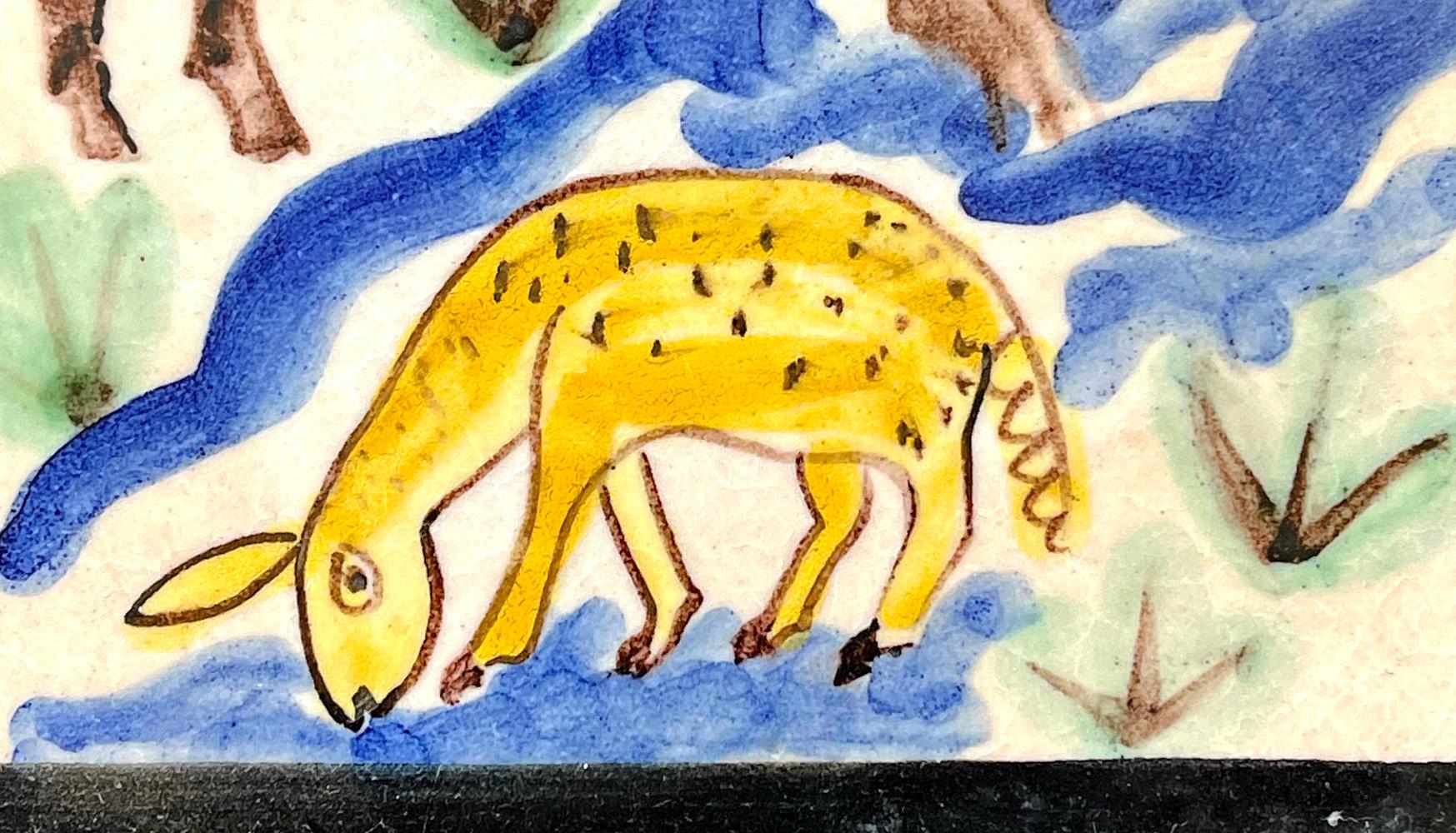 italien « Loup et moutons », carreau Art déco unique et fantaisiste d'I.C.S., probablement Gambone en vente