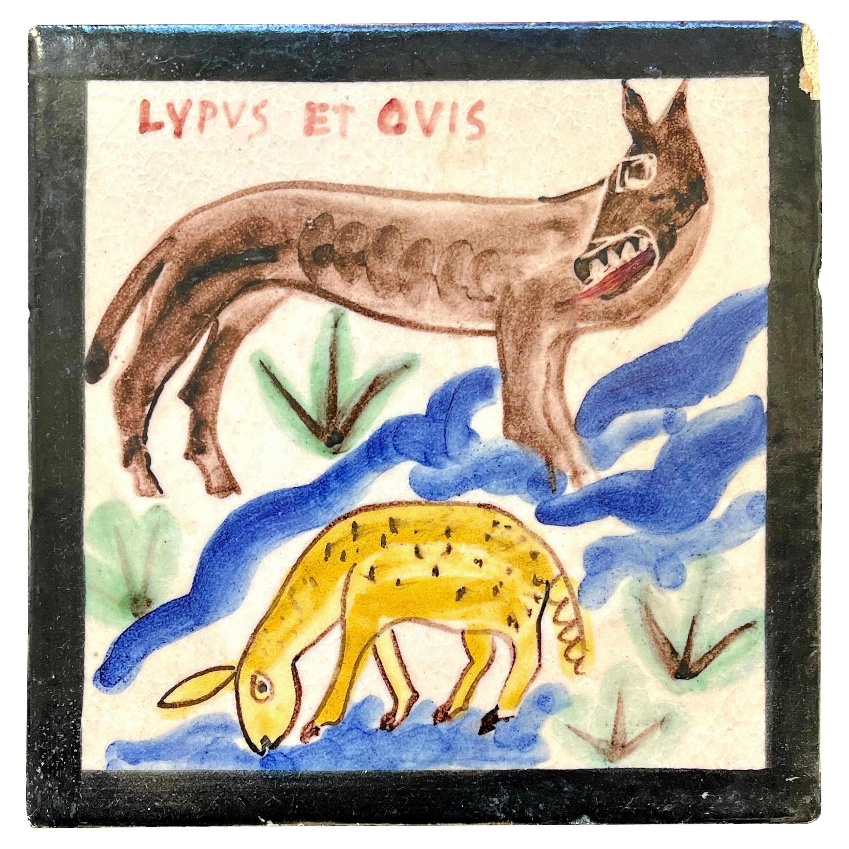 "Wolf and Sheep, " Unique, Whimsical Art Deco Tile by I.C.S., Possibly Gambone