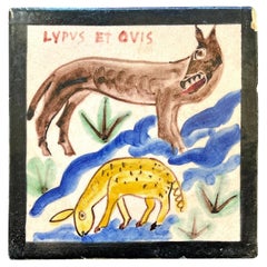 « Loup et moutons », carreau Art déco unique et fantaisiste d'I.C.S., probablement Gambone