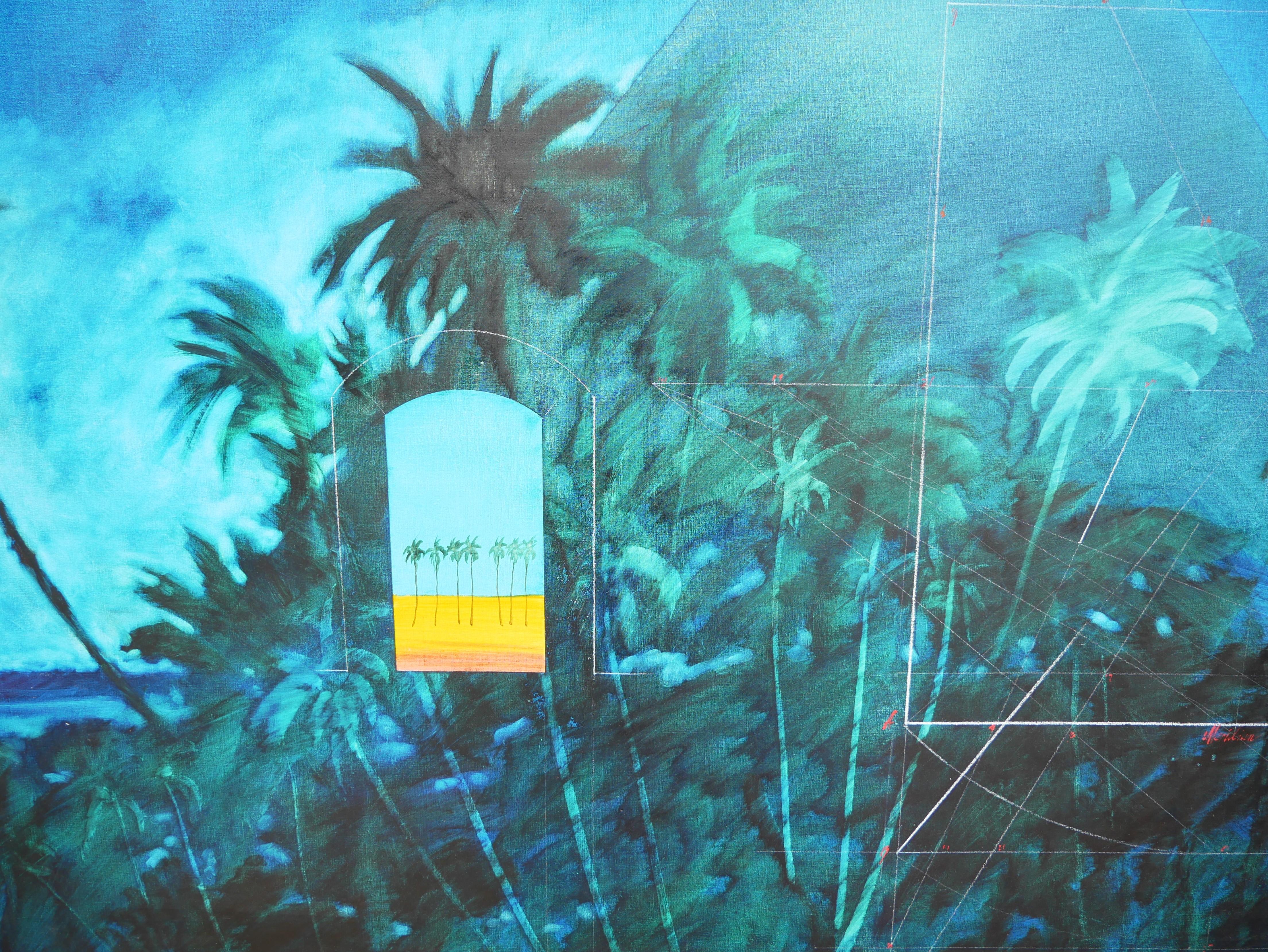 Peinture horizontale moderne contemporaine de paysage de plage tropicale bleue 1