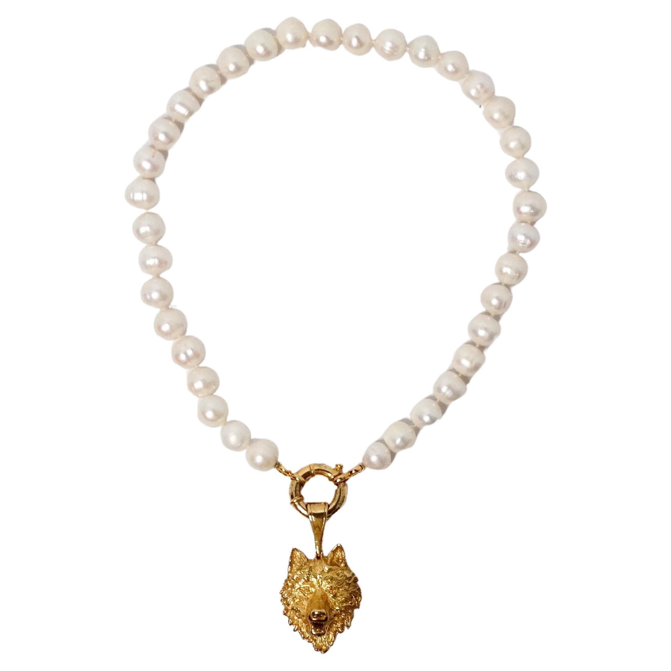 Wolf Gold-Plated Sterling Silver Pendant & Freshwater Pearl Strand Necklace For Sale