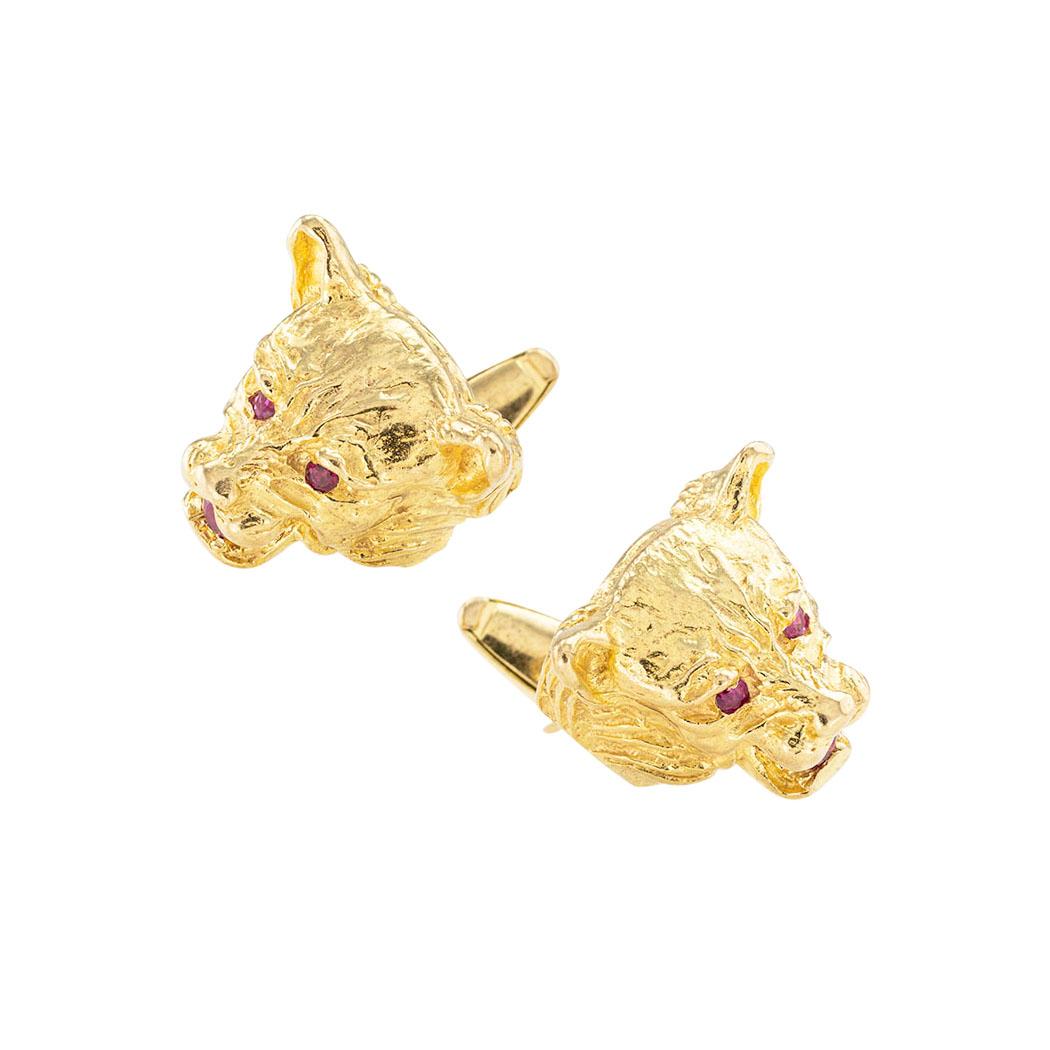 Modern Wolf Head Ruby Yellow Gold Cufflinks