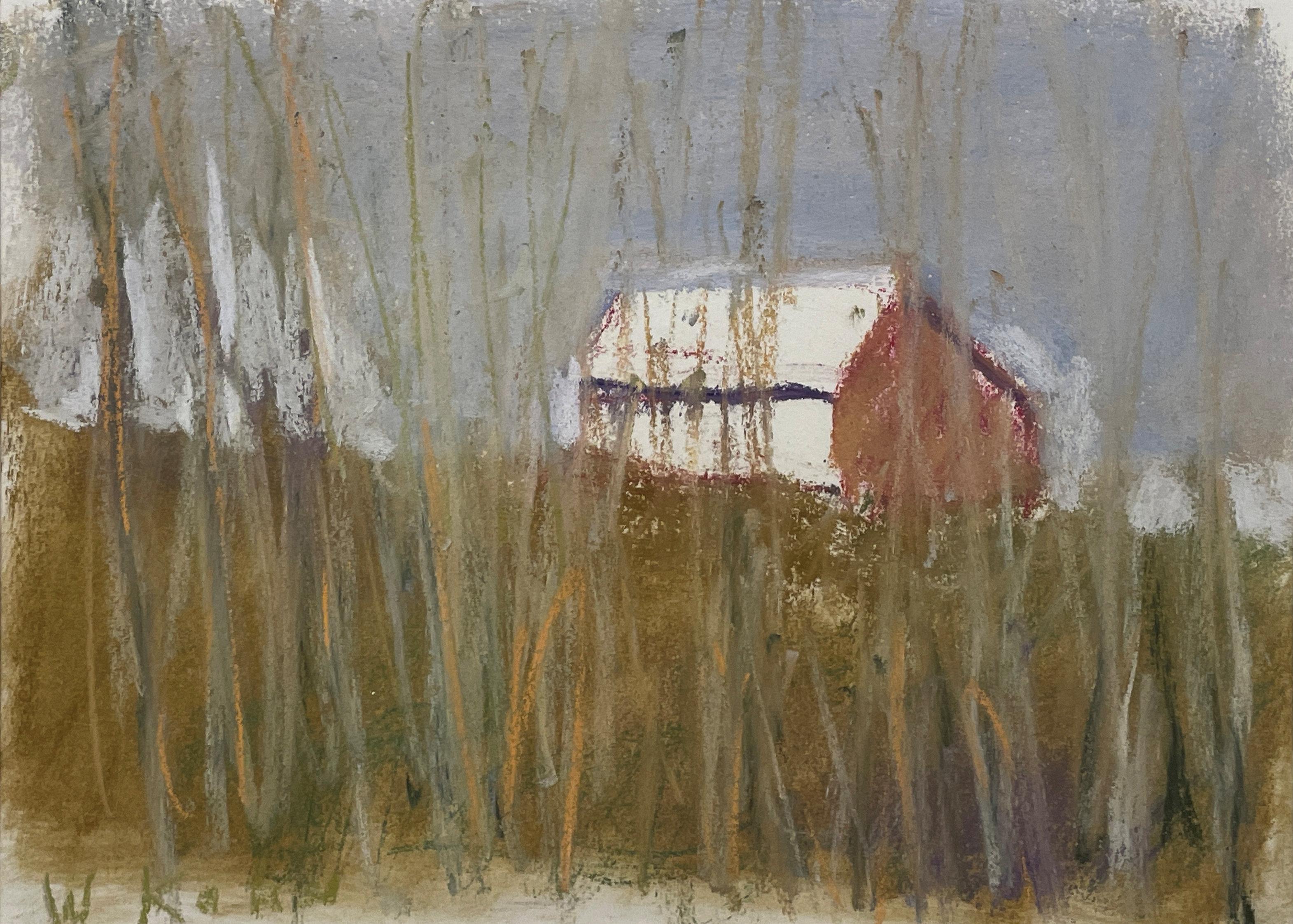 "Derrière les roseaux" Wolf Kahn, paysage de marais du Vermont avec arbres et grange, pastels.