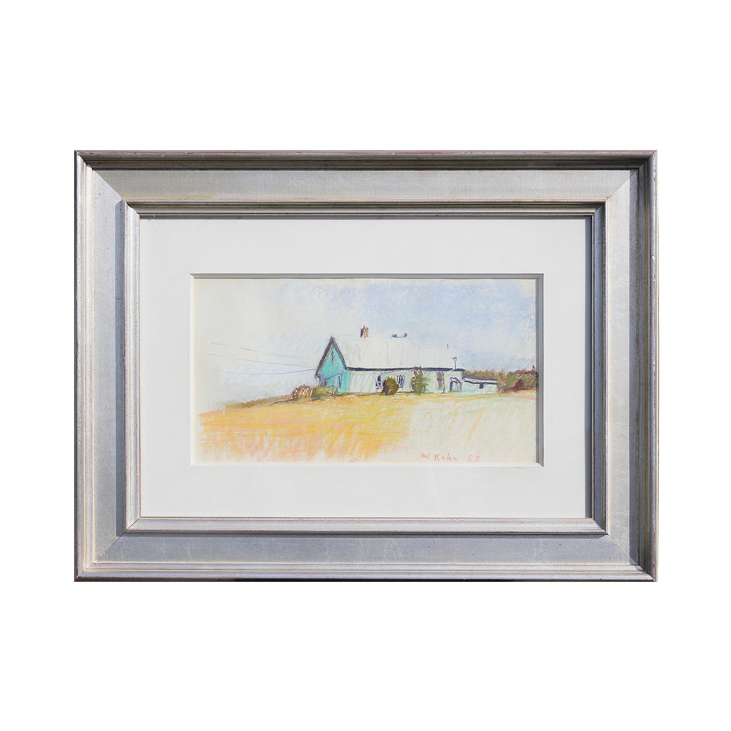 „Four Winds“ Blaues Haus mit weißem Dach in gelber Fläche, abstrakte Landschaft  – Painting von Wolf Kahn