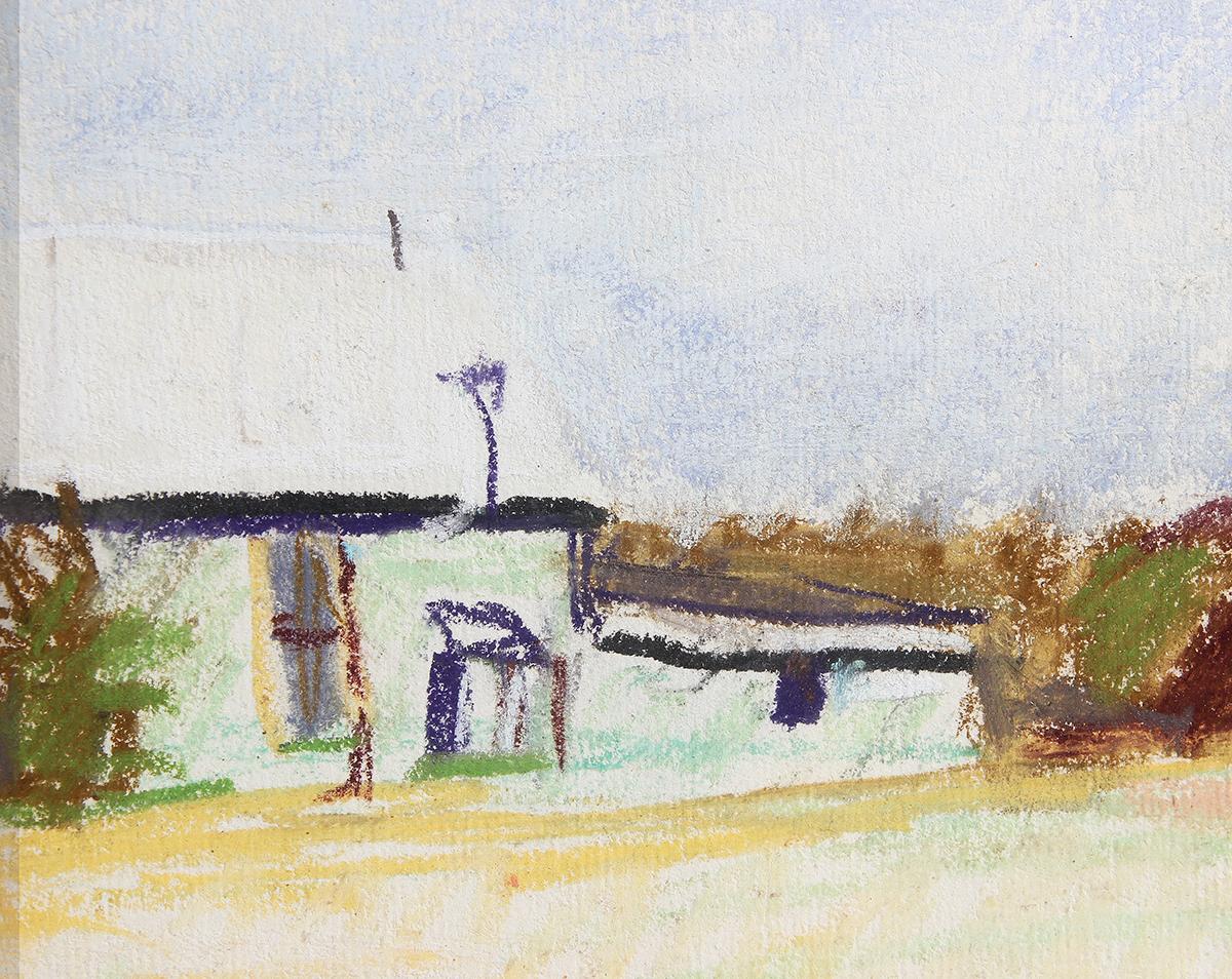 „Four Winds“ Blaues Haus mit weißem Dach in gelber Fläche, abstrakte Landschaft  im Angebot 2