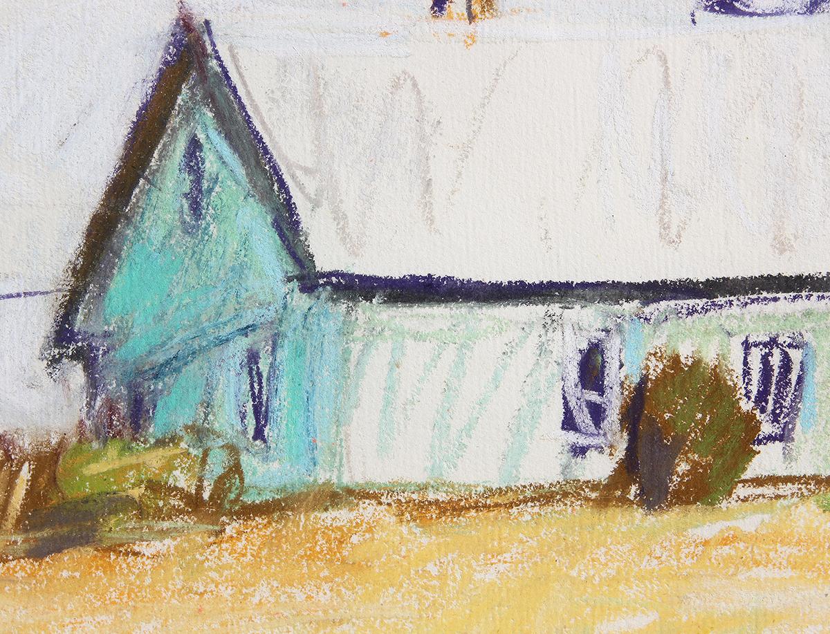 „Four Winds“ Blaues Haus mit weißem Dach in gelber Fläche, abstrakte Landschaft  im Angebot 3