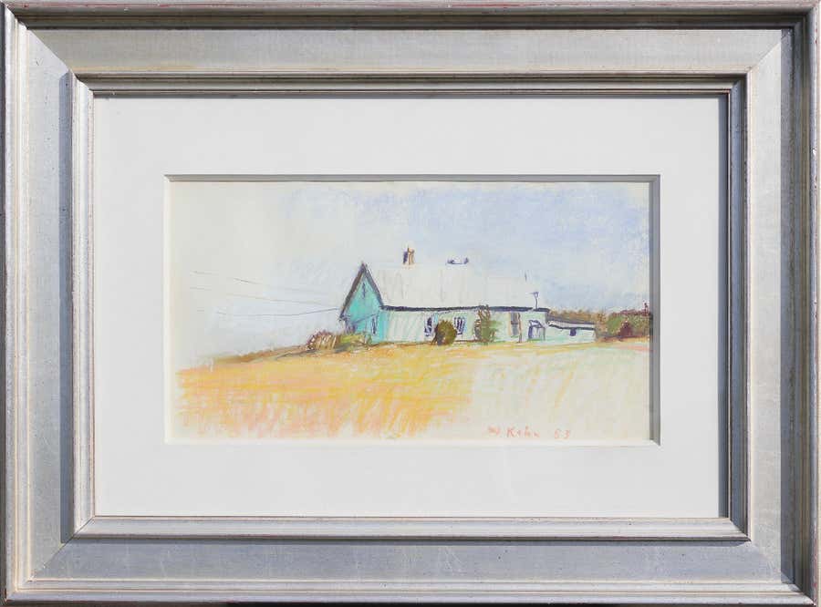 "Four Winds" Blue House with White Roof in Yellow Field Abstract Landscape