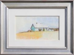 Vintage "Four Winds" Blue House with White Roof in Yellow Field Abstract Landscape 