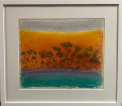 Paisaje en Naranja y Turquesa bajo Cielos Grises