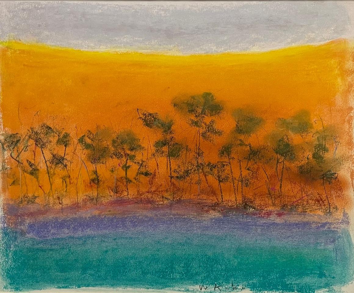 Landscape Painting de Wolf Kahn - Landscape in Orange and Turquoise under Gray Skies