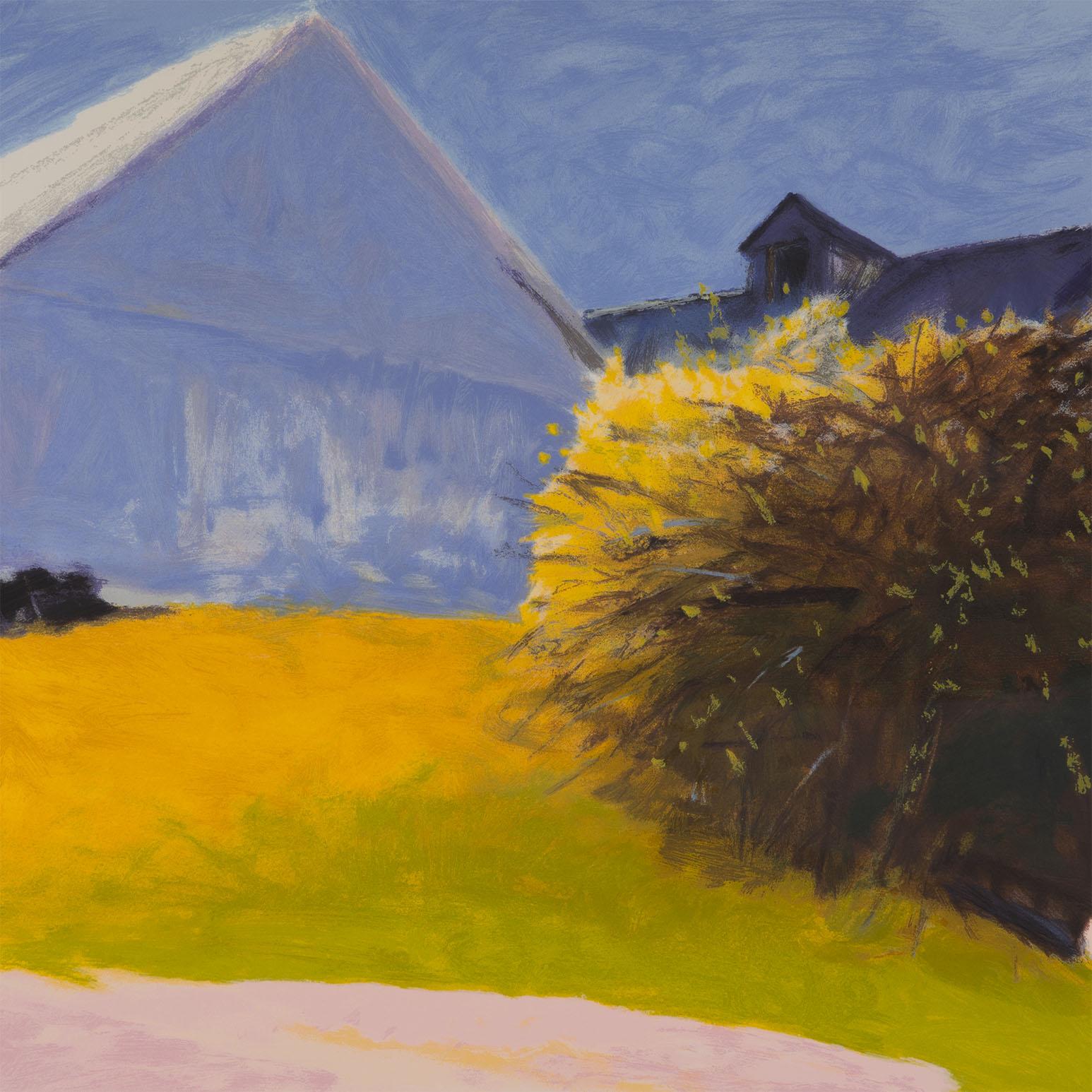Barn and Forsythia III (Grau), Landscape Print, von Wolf Kahn