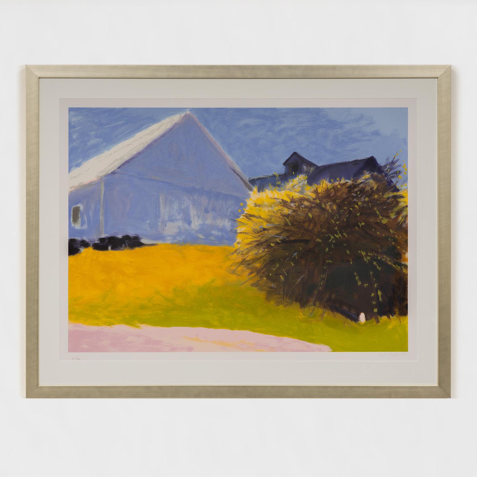 Wolf Kahn Landscape Print – Barn and Forsythia III