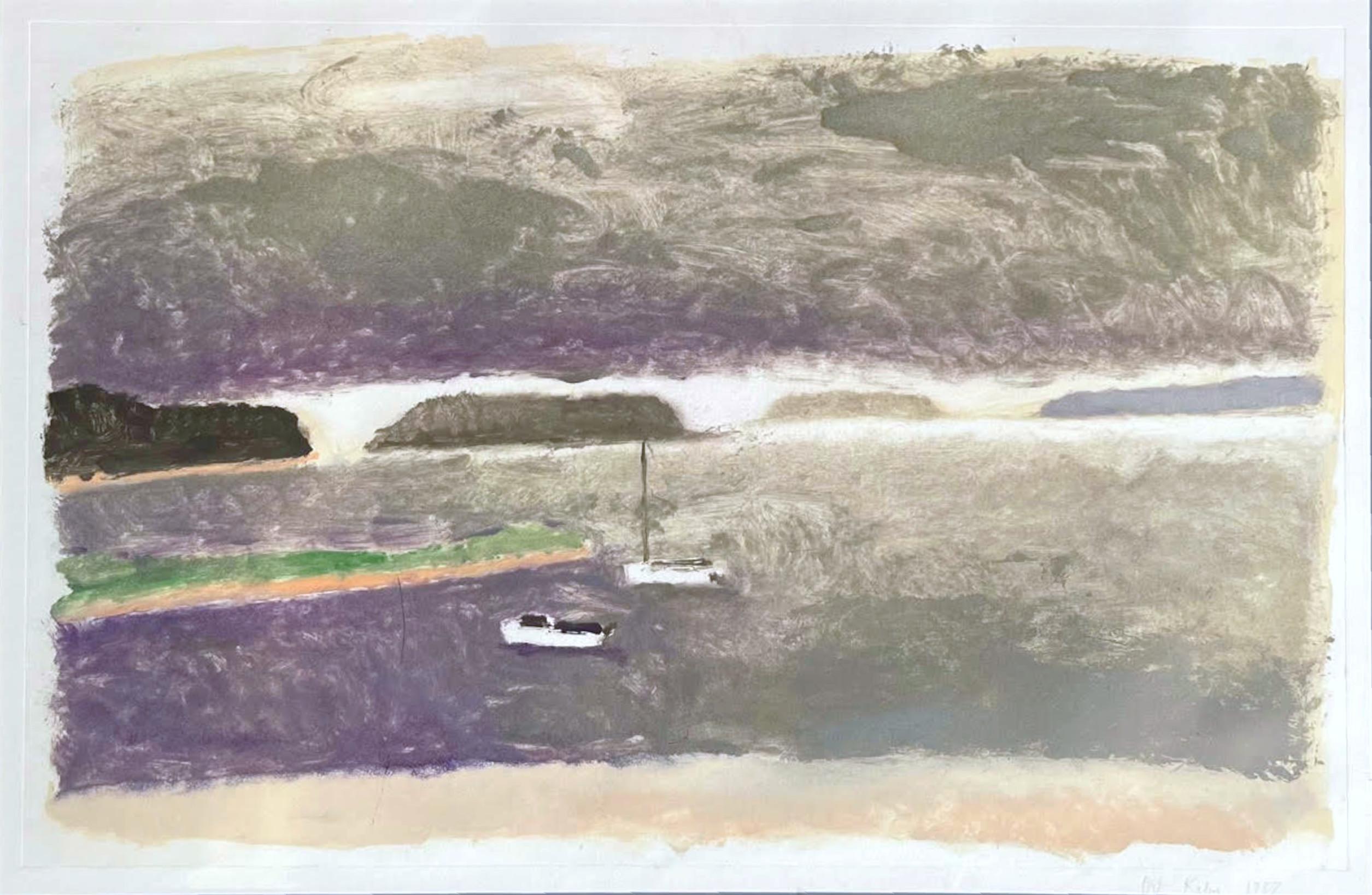Bay with Boats Color Monotypie, einzigartiger signierter abstrakter Farbfeld-Landschaftsrahmen – Art von Wolf Kahn