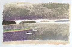 Bay with Boats Color Monotype unique signed abstract color field landscape frame