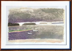 Bay with Boats Color Monotype unique signed abstract color field landscape frame