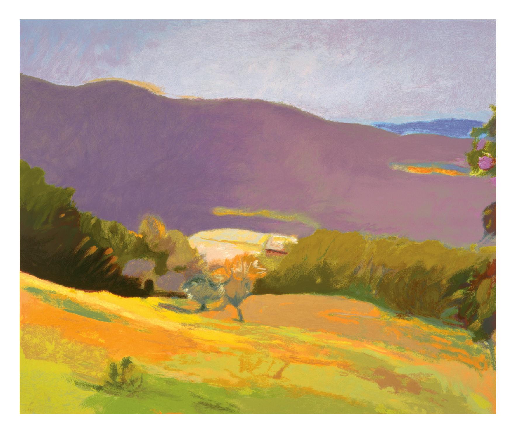 Abajo en el valle, de Wolf Kahn (Paisaje morado y azul) 1