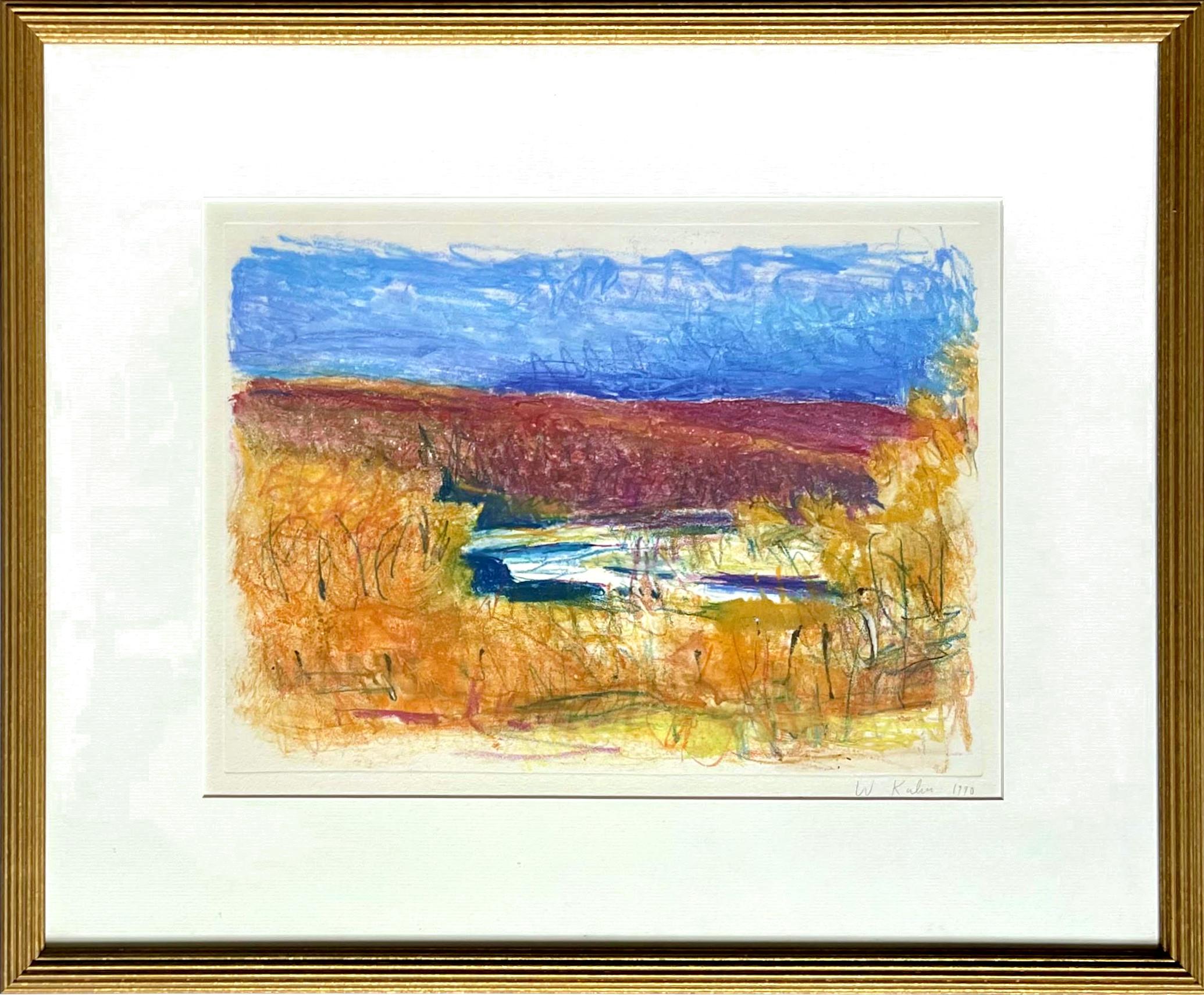 Untitled color field landscape with lake (unique, pencil signed monotype) - Print by Wolf Kahn