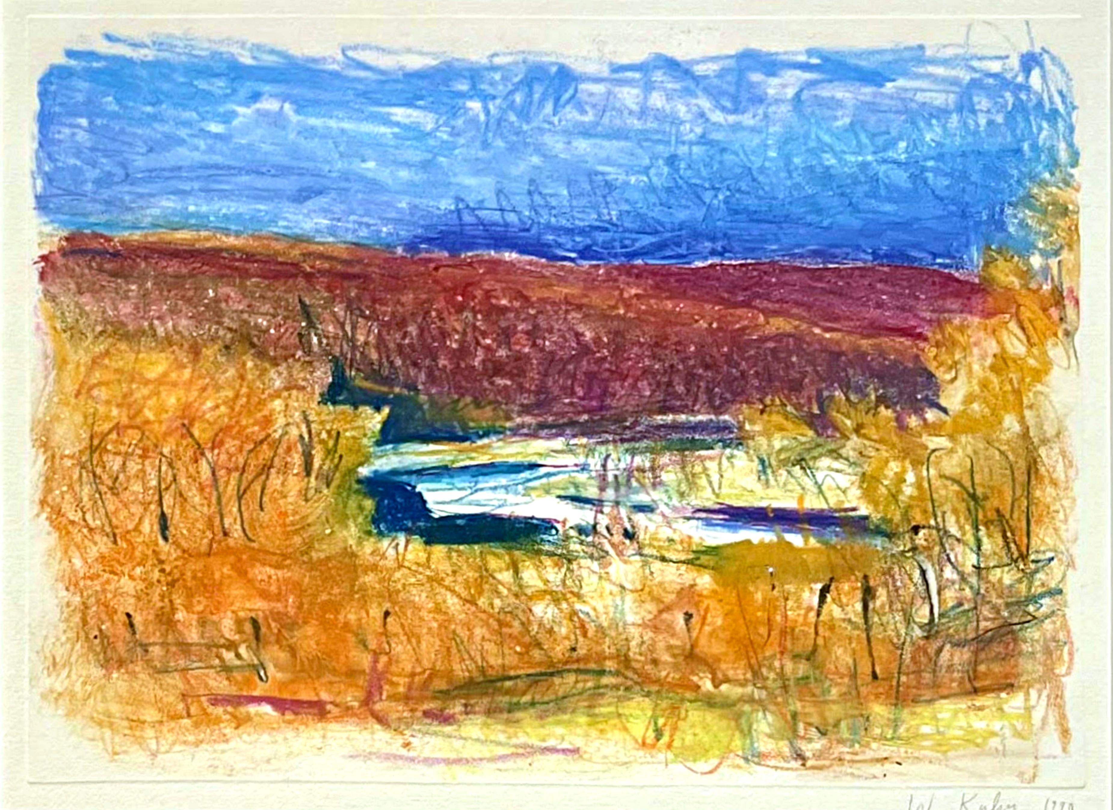 Wolf Kahn Landscape Print - Untitled color field landscape with lake (unique, pencil signed monotype)