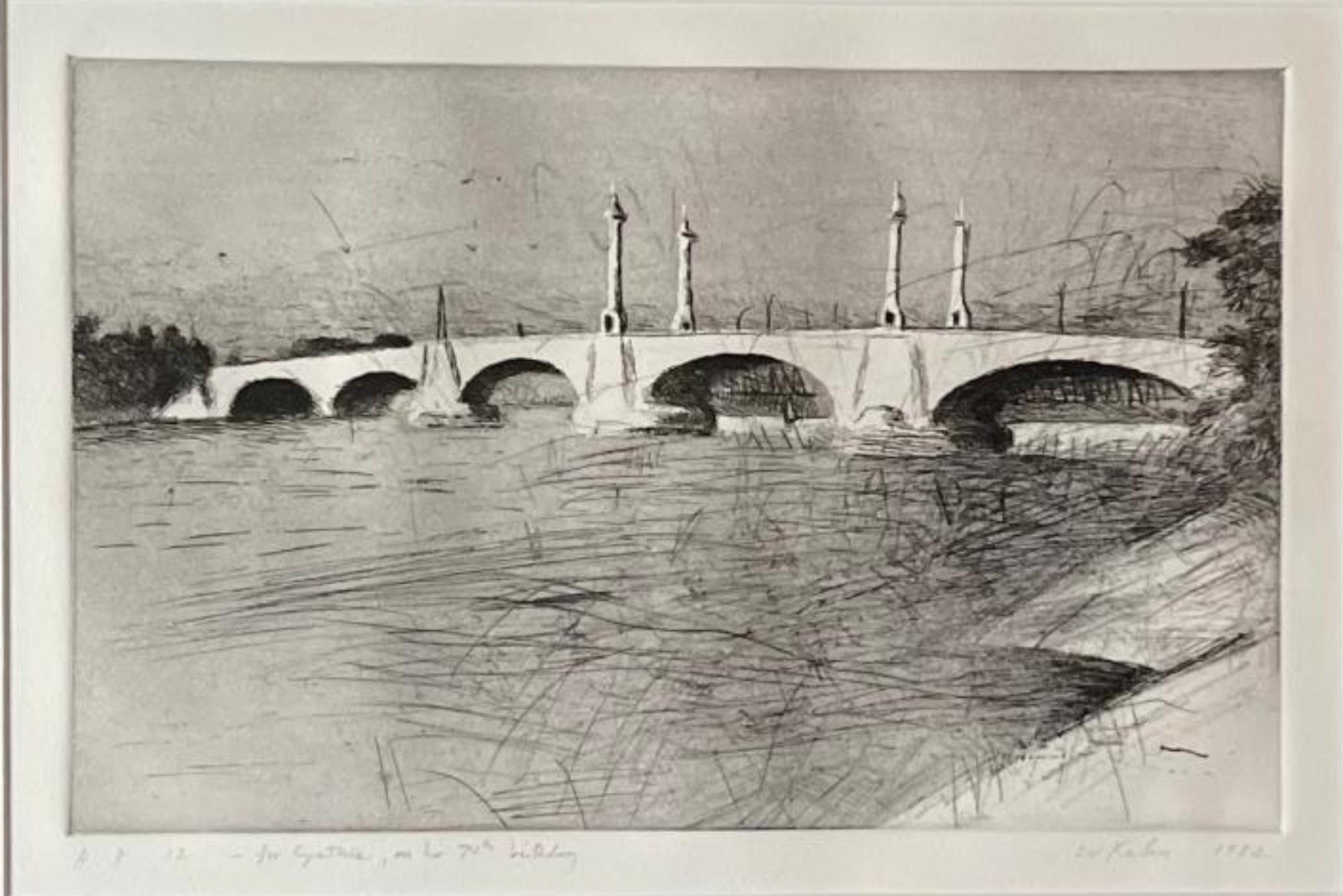 Wolf Kahn, Memorial Bridge, Springfield, Mass, firmato, datato e iscritto, incorniciato in vendita 1