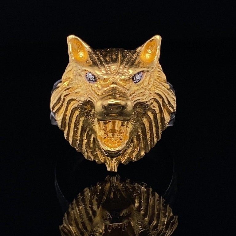 Round Cut Wolf Statement Cocktail Ring with Diamond Eyes 24K Gold Fused, by Kurtulan For Sale