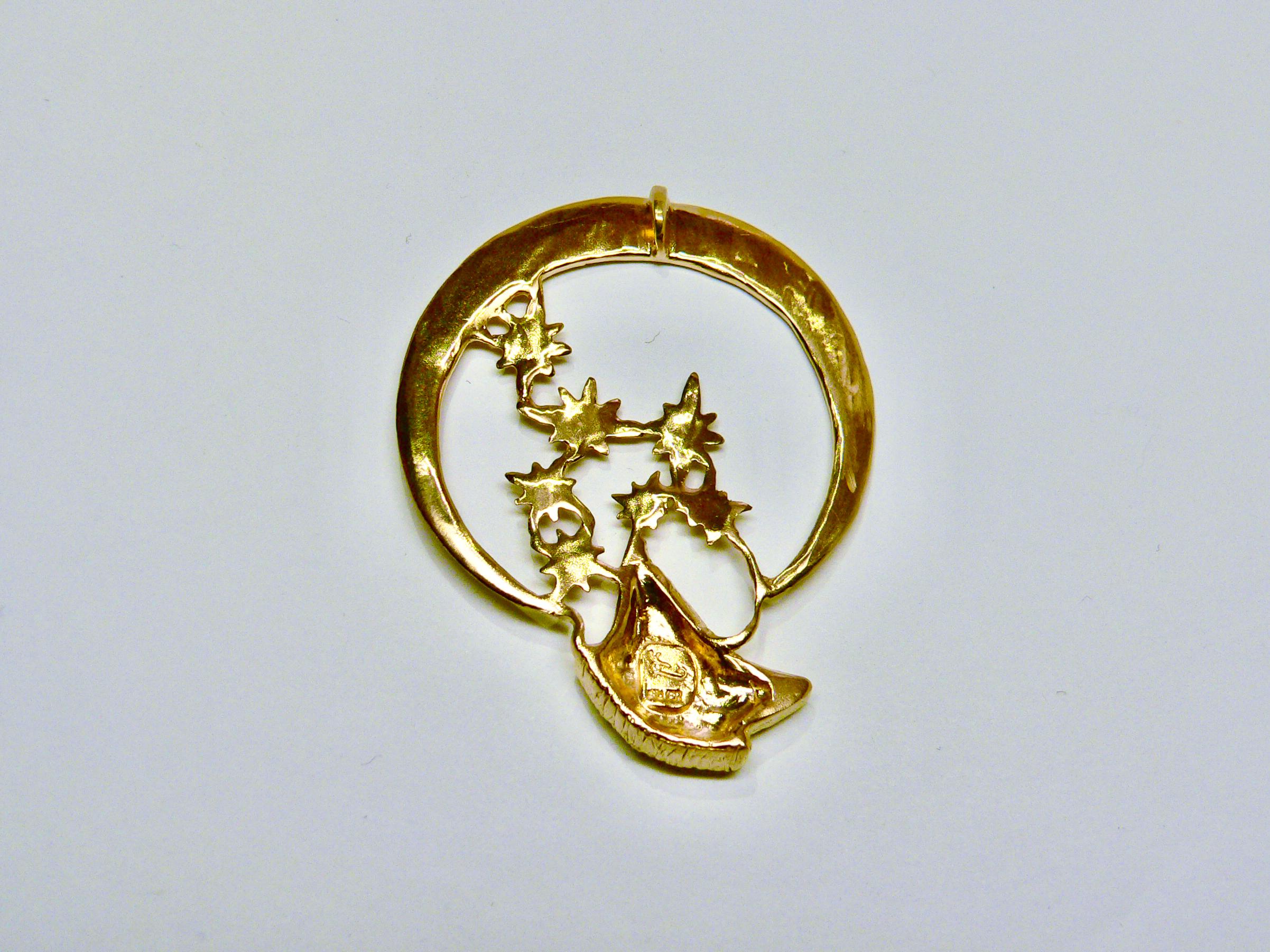 Artist Wolf under the Crescent Moon, Sterling Silver with 18 Karat Gold-Plate For Sale